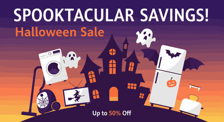 Obraz premium Halloween Sale graphic with spooky appliances and haunted house silhouette promoting discounts for seasonal shopping