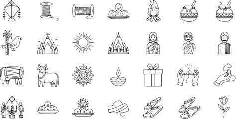 Detailed line art icons for Indian festivals like Makar Sankranti, Pongal, Lohri, and other cultural celebrations, featuring traditional elements and symbols.