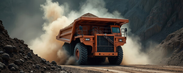Large orange dump truck drives on dirt road kicking up dust. It hauls dirt and rocks at a mine site. Heavy machinery works at quarry, industrial site.