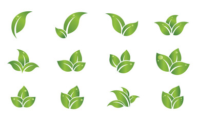 Vector art of collection of green leaf icons and symbols representing nature, growth, and ecology