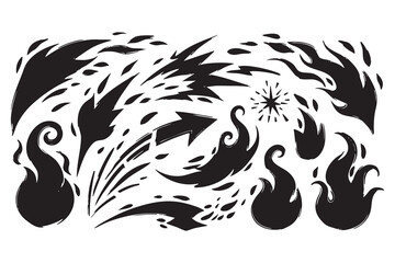 Vector art of collection of black ink brush stroke elements representing fire, explosions, and abstract energy bursts