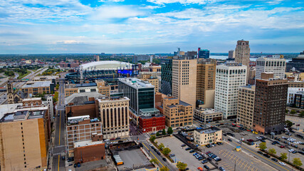 Downtown Detroit skyline near Comerica Park. Aerial drone image of downtown Detroit skyline with Comerica Park stadium and city buildings. © Vadim