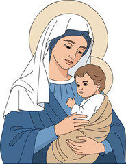Flat vector illustration of Mother Mary and baby Jesus