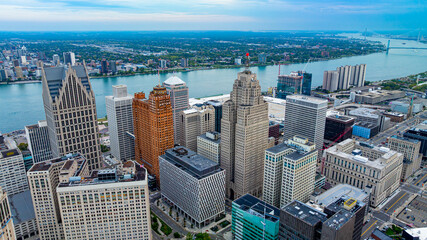 Downtown Detroit aerial view with riverfront buildings. Detroit downtown with the Detroit River and...