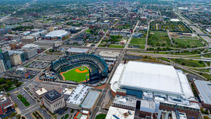 Comerica Park and Little Caesars Arena in Detroit. Drone aerial photo of Comerica Park baseball stadium and Little Caesars Arena in downtown Detroit, Michigan. © Vadim