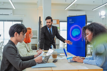 group of multicultural male and female professionals meet inside a contemporary office, leveraging artificial intelligence and big data analytics to brainstorm, exchange ideas, and build adaptive 
