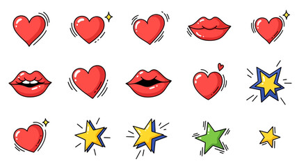 Cartoon stickers feature red hearts lips  yellowgreen stars on a white background