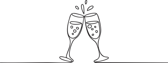 Continuous one line drawing of champagne glasses clinking symbolizing celebration, joy, and New Year party in minimalist festive art style