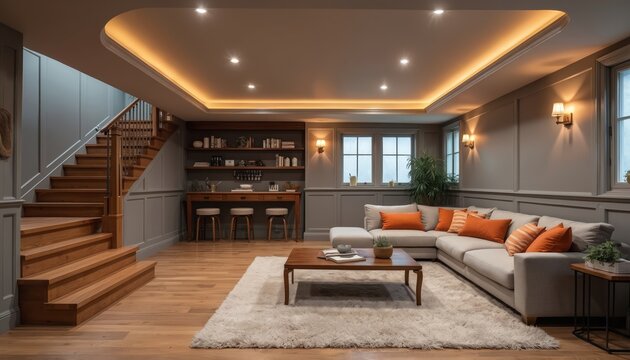 Luxurious basement renovation with modern interior design. Features comfortable sectional sofa, wooden coffee table, built-in bookshelves, sleek staircase. Perfect for home theater or living space.