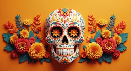 Vibrant sugar skull decorated with colorful flowers and foliage