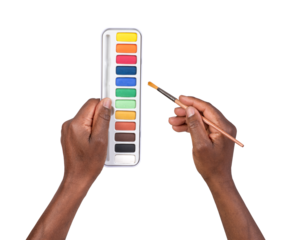 Man holding a paint palette and an art brush in hands and painting isolated on white or transparent background