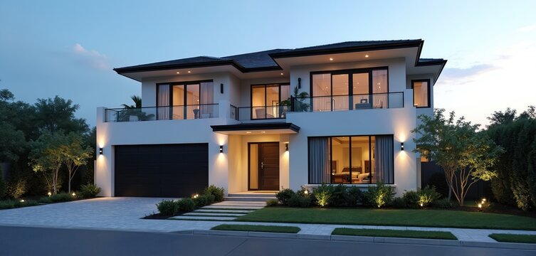 Modern luxury house exterior at dusk with illuminated facade and manicured lawn. Two-story residence features large windows, balcony, and driveway, perfect for real estate listings. - Powered by Adobe