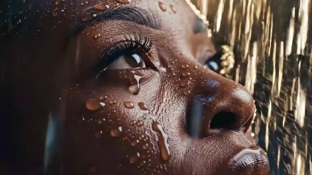 Close up wet face with water droplets and tear drops showing emotional skin under rain