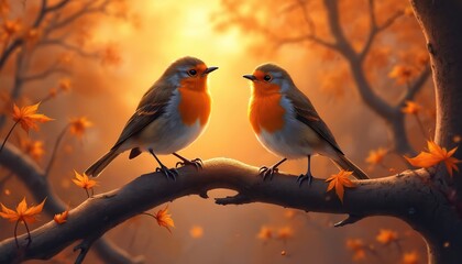 Two robins perch on a tree branch in autumn leaves. Their orange chests glow warmly against the soft golden light and blurred background. Nature scene conveys peace and connection.