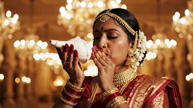A beautiful Indian woman in traditional red sari and gold jewelry blows a sacred conch shell during a spiritual Hindu wedding ceremony in a luxurious hall