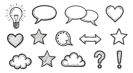 Collection of doodlestyle icons bulb hearts speech bubbles stars clouds arrow question and exclamation mark