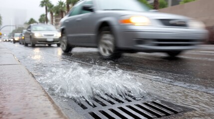 Cars speed by on a wet street as rain pours down, causing water to gush from a storm drain. The scene captures a typical bustling urban afternoon filled with quick movements.