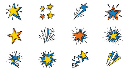 Collection of twelve cartoonstyle stars each with a different shape color or design