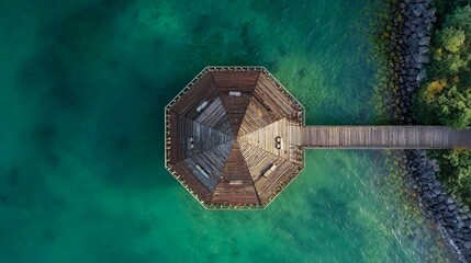 Aerial view of a wooden octagonal pavilion extending over vibrant turquoise water, surrounded by lush greenery.