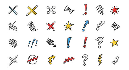 Doodle icons of Xs stars arrows question and exclamation marks lightning and scribbles in black outlines with colored fill