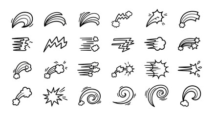 Doodle sheet Twentyfour cartoonish speed lines  rainbows in varied directions and formations drawn with thick black outlines