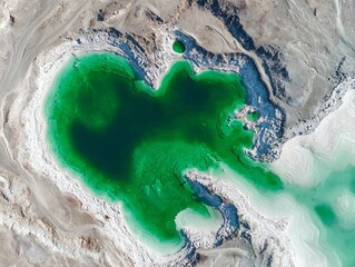 Aerial view of a vibrant green salt lake surrounded by arid, mineral-rich terrain, showcasing natural geological formations and contrasting textures.