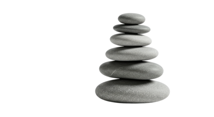 Stacked smooth grey stones isolated on white background symbolizing balance and calmness, perfect for wellness and meditation themes