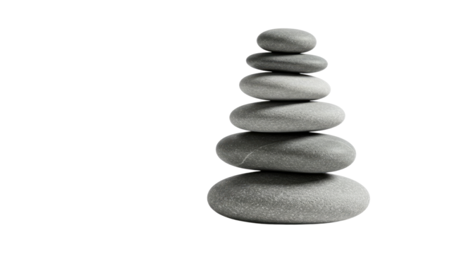 Stacked smooth grey stones isolated on white background symbolizing balance and calmness, perfect for wellness and meditation themes