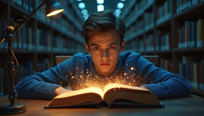 Young student sits at table reading book in library. Lamp illuminates focused expression. He studies hard. Person is concentrated on studying, gaining knowledge and academic skills. Education concept.