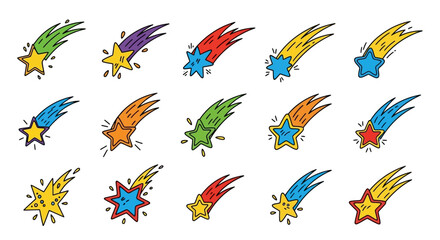Fototapeta premium Fifteen cartoon shooting stars each with unique color combinations and slight variations in design
