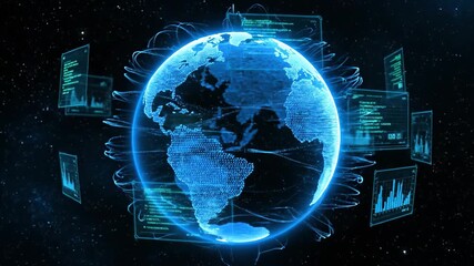 A glowing digital earth hologram is surrounded by futuristic data screens in space symbolizing big data globalization and the worldwide network of information and communication technology - Powered by Adobe