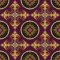seamless damask patternGreen and yellow flower on red background