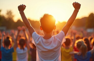 Young boy cheers with fists raised high at sunset sports event. Crowd of kids celebrate victory in golden hour glow. Pure joy and team spirit fill active outdoor stadium during summer.