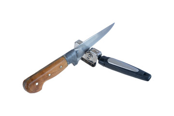 Knife sharpening image. Isolated background