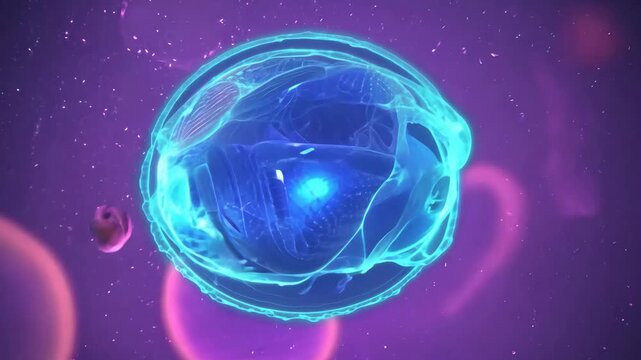 Abstract glowing blue jellyfishlike organism in purple nebula with stars