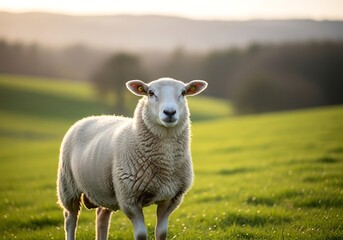Obraz premium A solitary white sheep stands in a lush green pasture with rolling hills in the background at sunset.