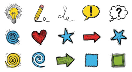 Handdrawnstyle sketches of symbols including a lightbulb pencil heart star arrows and squares