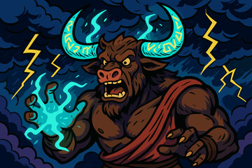 Glowing magic horns minotaur his vector runes icon mystic into comic