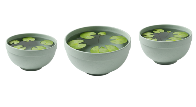 Three ceramic bowls with water and green lily pads isolated on white background, perfect for wellness and spa visuals