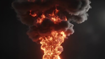 A fiery mushroom cloud from a massive explosion billows into the dark sky, a powerful symbol of warfare, disaster, and apocalypse - Powered by Adobe