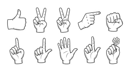 Line drawing of ten hand gestures including thumbs up peace sign pointing fist and holding a spinner toy