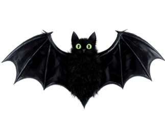 A black cat with green eyes wearing bat wings on a black isolated background transparent background