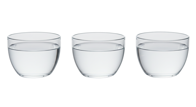 Three clear glass bowls filled with water isolated on white background, minimalistic design perfect for kitchen, cooking, or health-related content