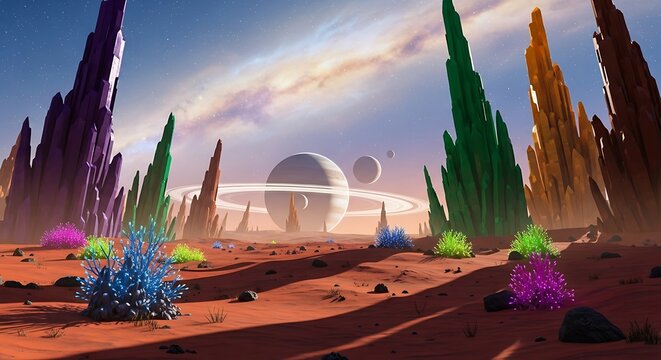 Exoplanet Landscape Vista: Alien Planet with Towering Rock Formations, Ringed Planet, and Colorful Flora, Sci-Tech World Scene, Space Exploration Concept