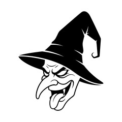 Spooky wicked witch head silhouette with pointed hat and sharp teeth halloween graphic isolated on white background