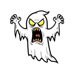 Scary cartoon ghost character spooky monster with open mouth and sharp teeth glowing eyes halloween frightful spirit isolated on white background