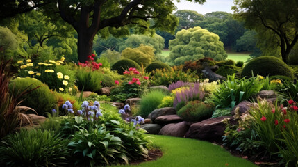 Obraz premium Landscape design with green, mown lawn, flowers, bushes, and stones harmoniously integrated into surrounding environment, creating atmosphere of tranquility and contemplation. Copy space for text.