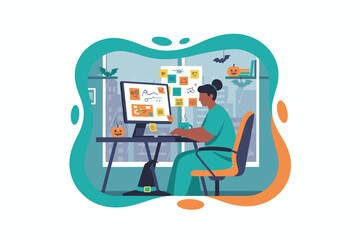 Woman working on computer in Halloweendecorated office during a rainy day Remote work holiday spirit