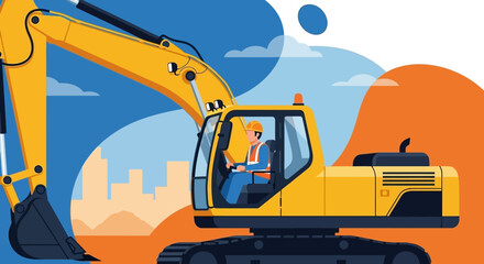 Construction worker operates a powerful excavator symbolizing industry development and building projects
