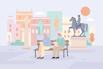 Elderly couple sketching statues in a peaceful city park enjoying a creative hobby and leisure